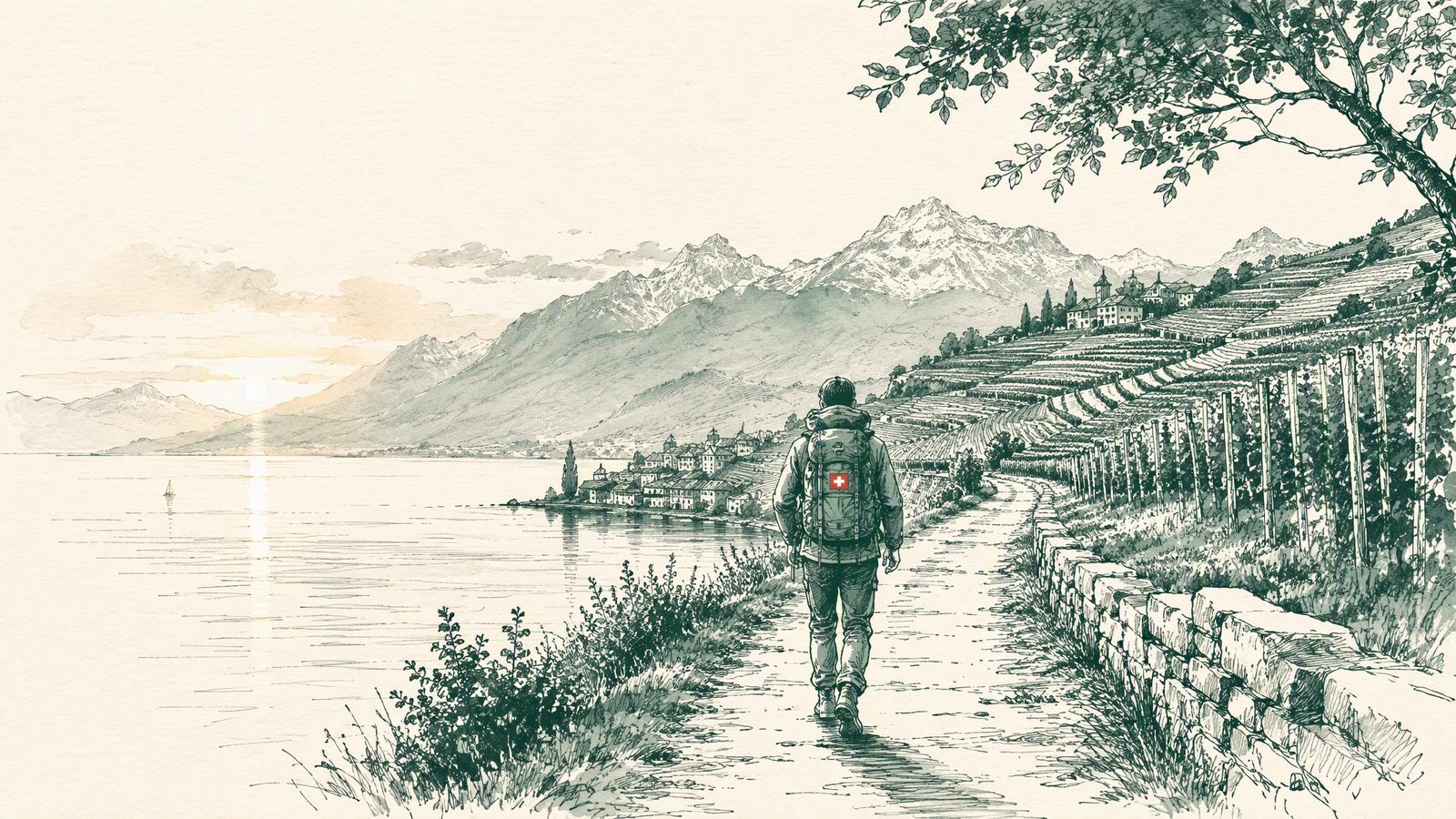 Un marcheur quitte les rives du Léman dans une illustration à l’encre