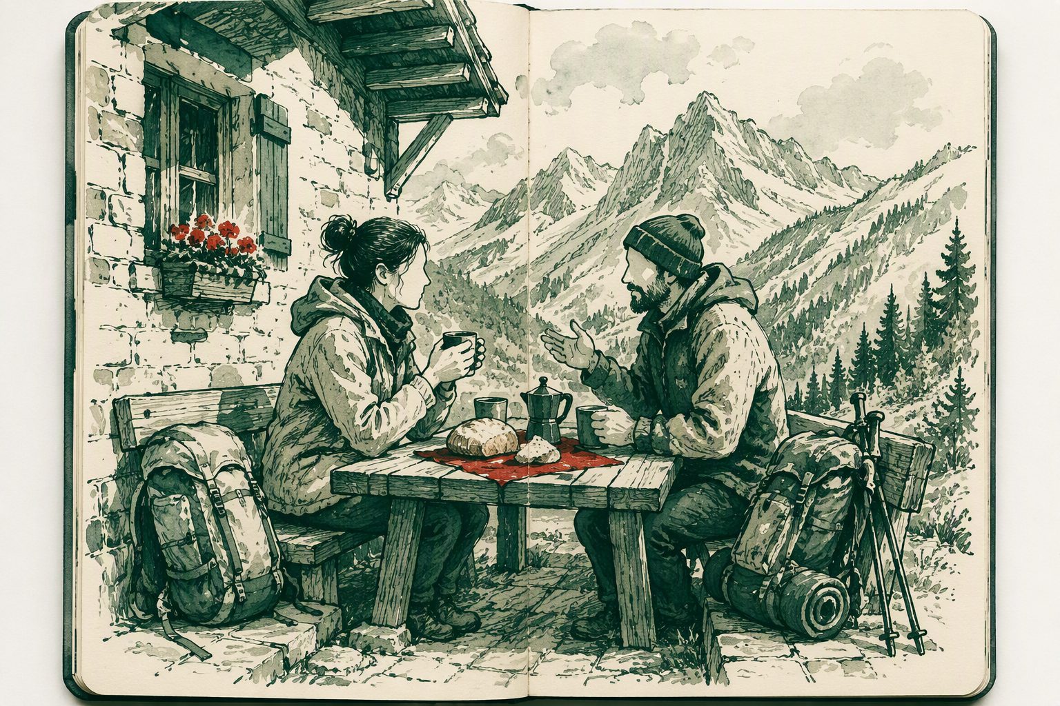 Deux voyageurs partagent un café à une table d’auberge