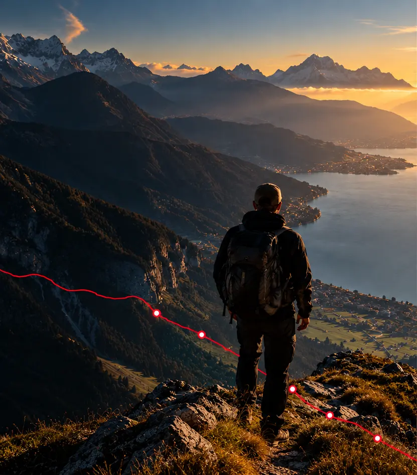 Un voyageur face aux montagnes et à un lac alpin au coucher du soleil, illustration de l’aventure.
