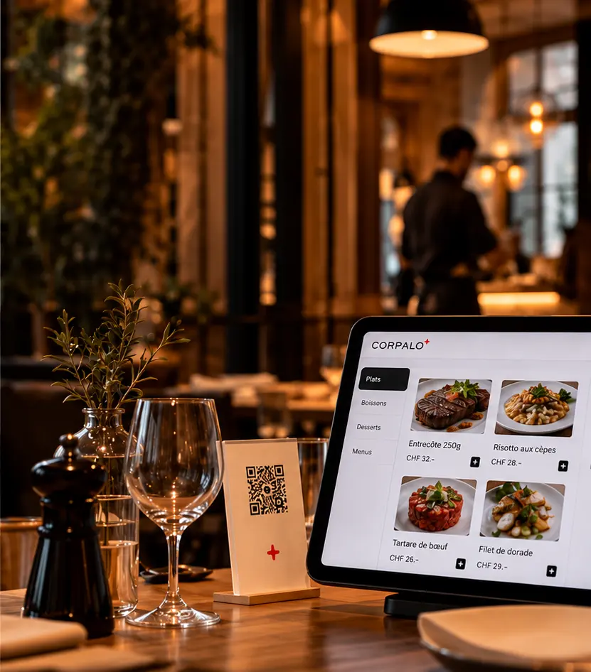 Un restaurant chaleureux avec un menu Corpalo sur tablette et un support QR, illustration des services.