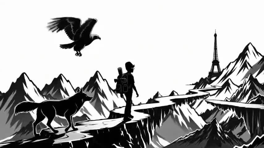 Image d’encre extraite du film d’ouverture : le marcheur sur l’arête, la Tour Eiffel au loin